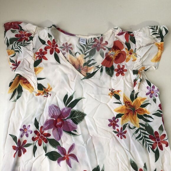 Old Navy Women’s White Floral Ruffle Flutter Short Sleeve Tropical Top Medium - Picture 9 of 14